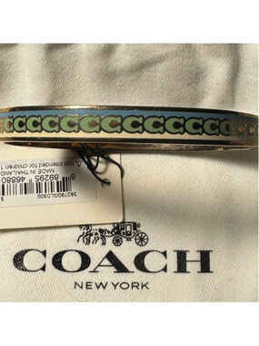 Coach repeating, C logo, gold, blue cream, green hinged enamel bracelet￼